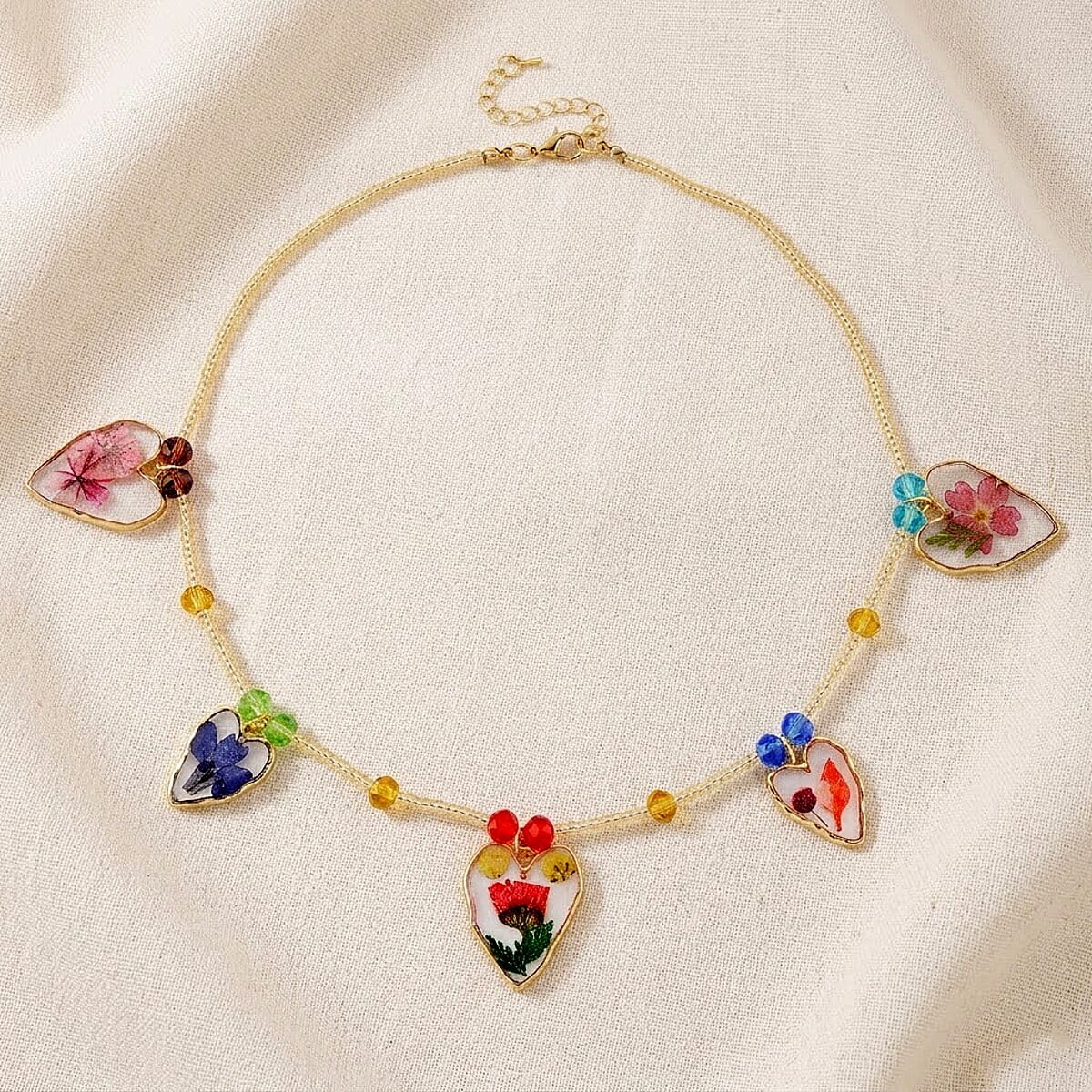 Resin, Multi Color Glass Necklace with Dry Flowers Filled Heart Charms in Goldtone (20-22Inches) image number 1