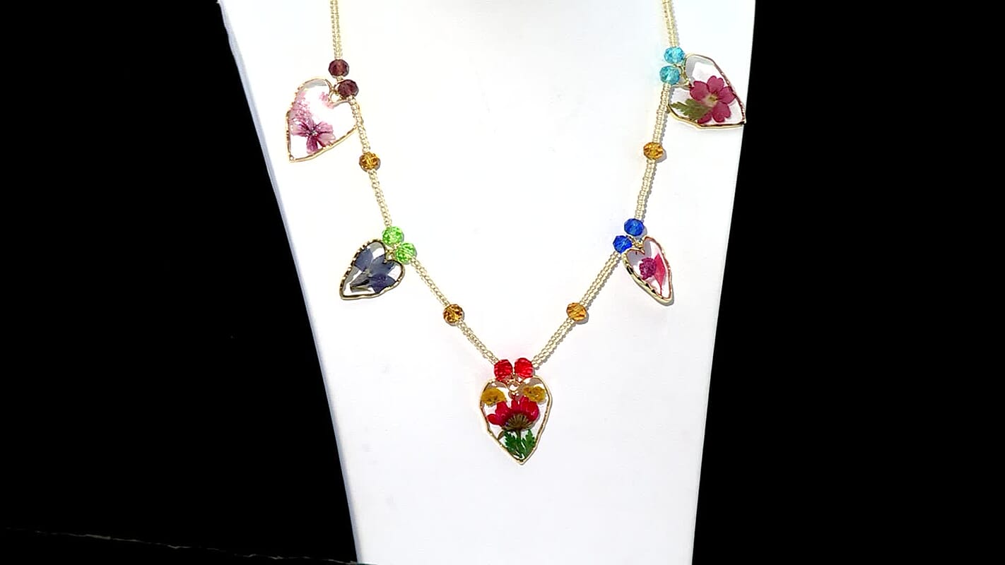Resin, Multi Color Glass Necklace with Dry Flowers Filled Heart Charms in Goldtone (20-22Inches)