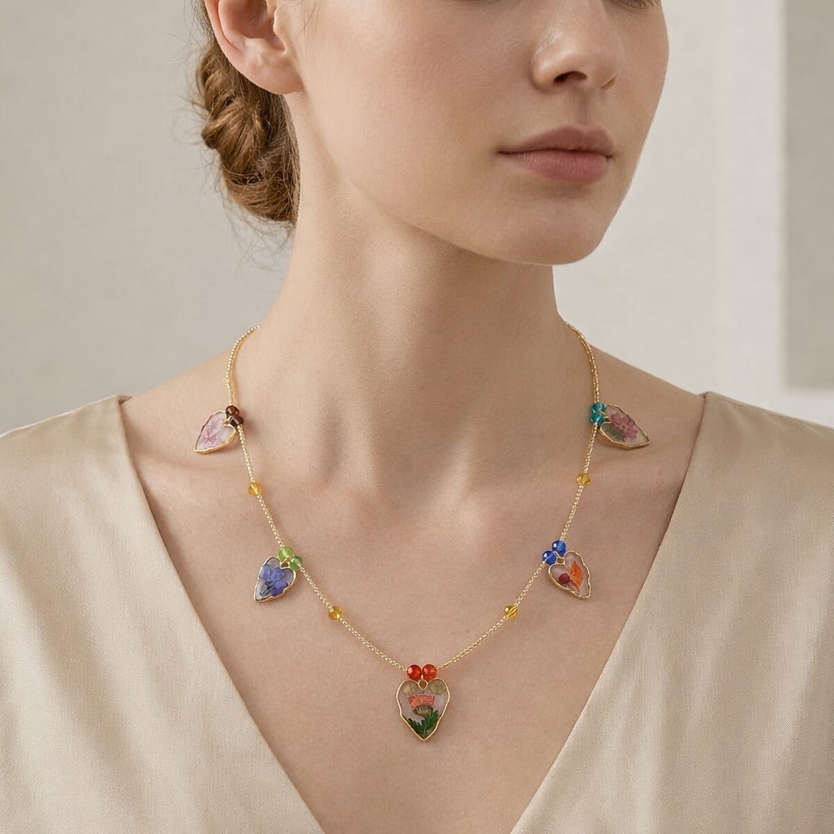 Resin, Multi Color Glass Necklace with Dry Flowers Filled Heart Charms in Goldtone (20-22Inches) image number 2