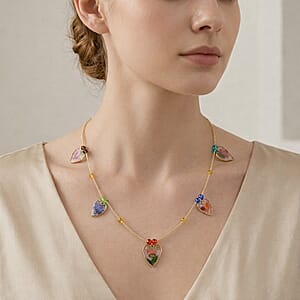 Resin, Multi Color Glass Necklace with Dry Flowers Filled Heart Charms in Goldtone (20-22Inches)