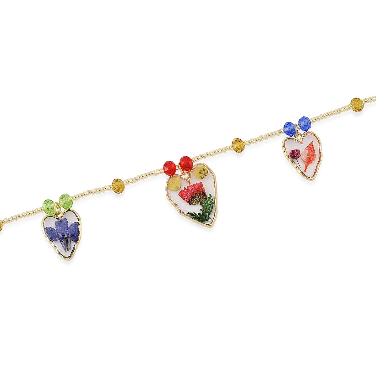 Resin, Multi Color Glass Necklace with Dry Flowers Filled Heart Charms in Goldtone (20-22Inches) image number 3