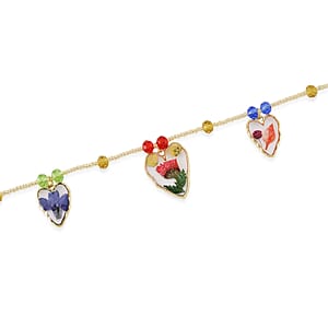 Resin, Multi Color Glass Necklace with Dry Flowers Filled Heart Charms in Goldtone (20-22Inches)