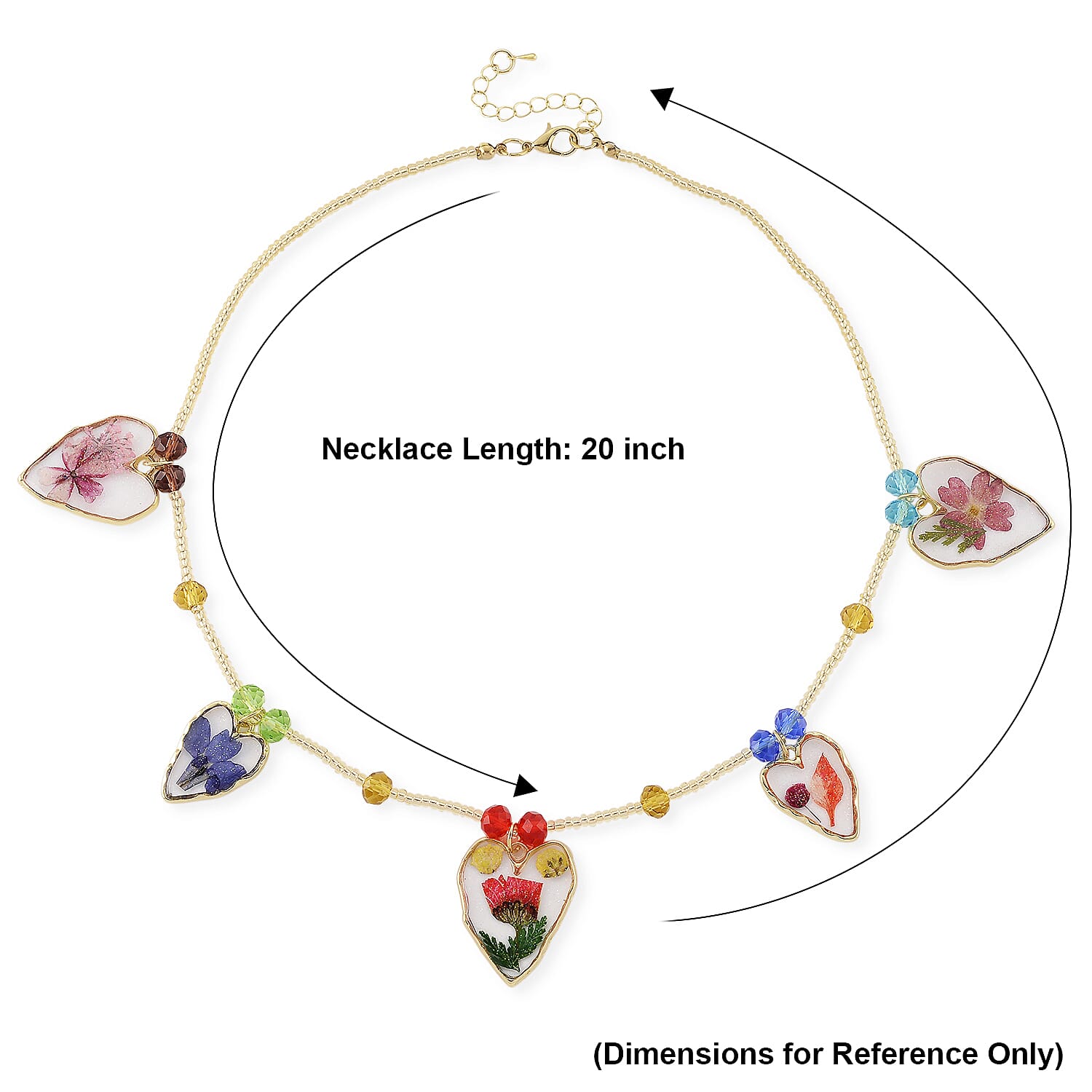Resin, Multi Color Glass Necklace with Dry Flowers Filled Heart Charms in Goldtone (20-22Inches)