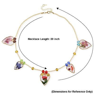 Resin, Multi Color Glass Necklace with Dry Flowers Filled Heart Charms in Goldtone (20-22Inches)
