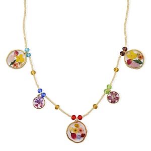 Resin, Multi Color Glass Necklace with Dry Flowers Filled Round Charms in Goldtone (20-22Inches)