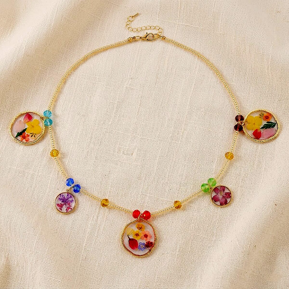 Resin, Multi Color Glass Necklace with Dry Flowers Filled Round Charms in Goldtone (20-22Inches) image number 1