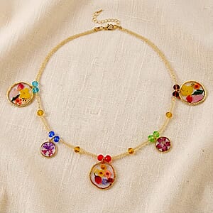 Resin, Multi Color Glass Necklace with Dry Flowers Filled Round Charms in Goldtone (20-22Inches)