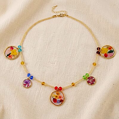 Resin, Multi Color Glass Necklace with Dry Flowers Filled Round Charms in Goldtone (20-22Inches)