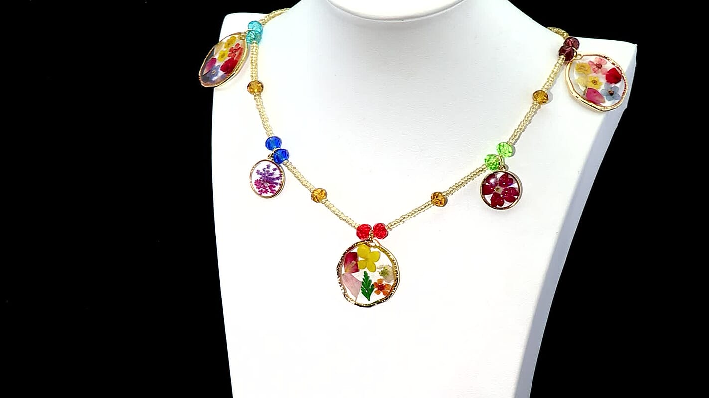 Resin, Multi Color Glass Necklace with Dry Flowers Filled Round Charms in Goldtone (20-22Inches)