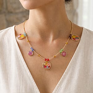 Resin, Multi Color Glass Necklace with Dry Flowers Filled Round Charms in Goldtone (20-22Inches)