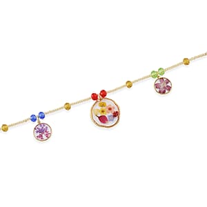 Resin, Multi Color Glass Necklace with Dry Flowers Filled Round Charms in Goldtone (20-22Inches)