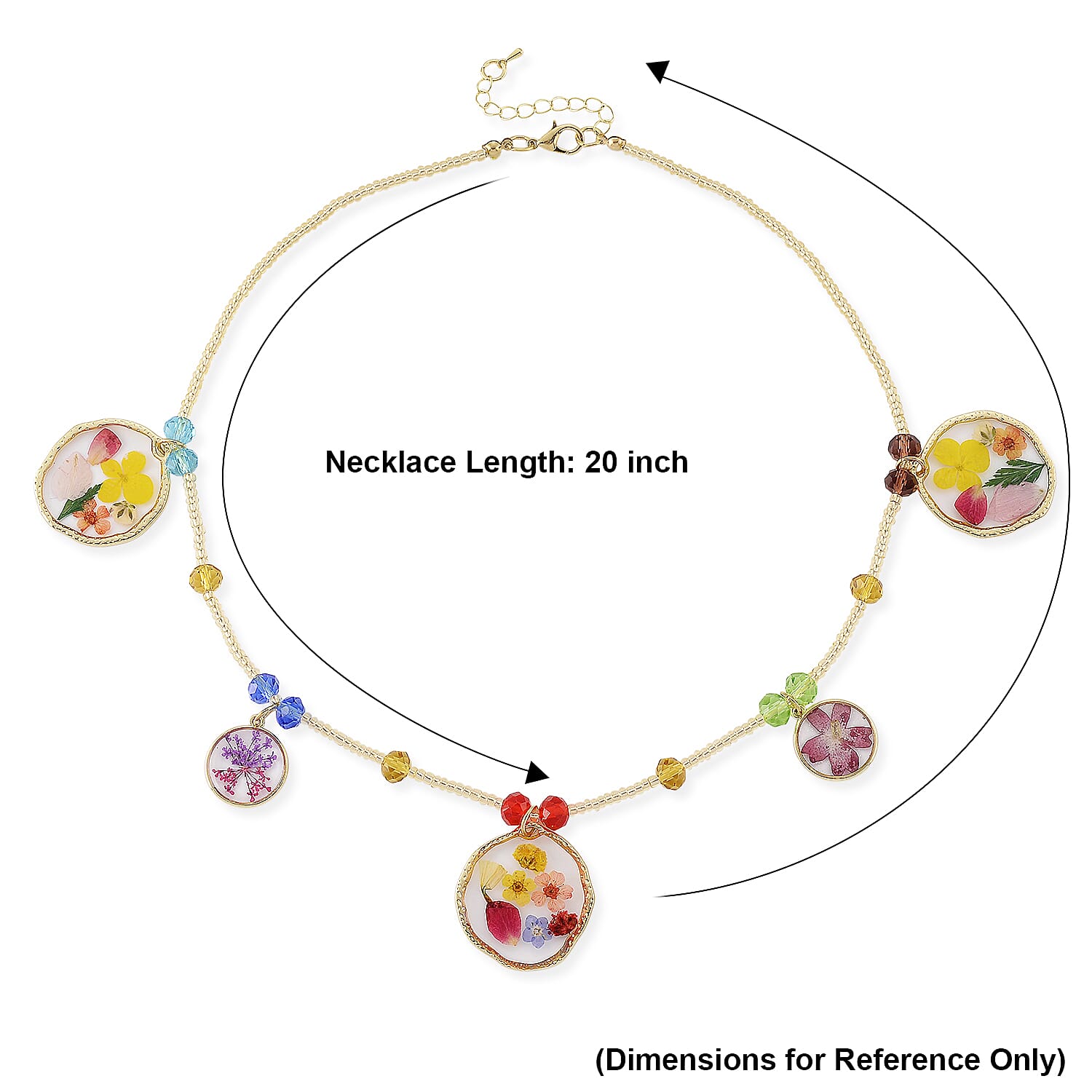 Resin, Multi Color Glass Necklace with Dry Flowers Filled Round Charms in Goldtone (20-22Inches)