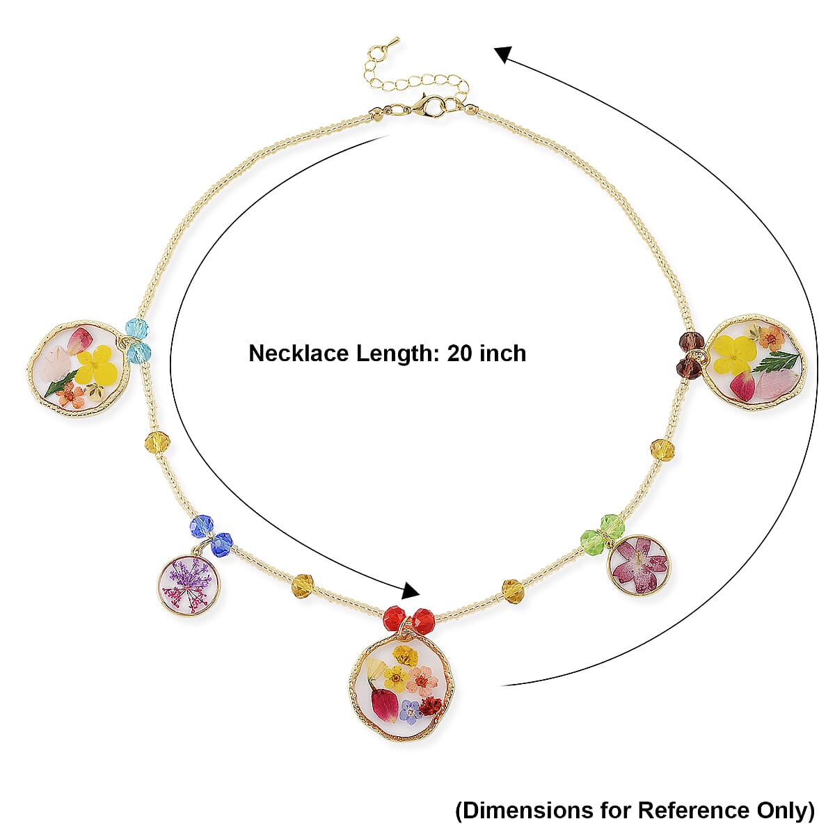 Resin, Multi Color Glass Necklace with Dry Flowers Filled Round Charms in Goldtone (20-22Inches) image number 5