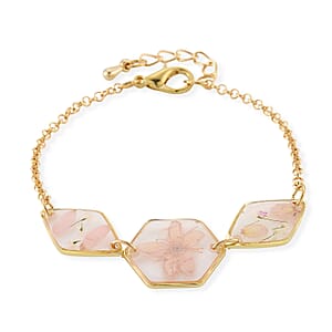 Resin Bracelet with Dry Flowers Filled Hexagon Shaped Charms in Goldtone (7.5-8.5In)