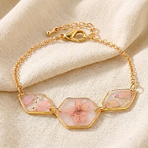 Resin Bracelet with Dry Flowers Filled Hexagon Shaped Charms in Goldtone (7.5-8.5In)