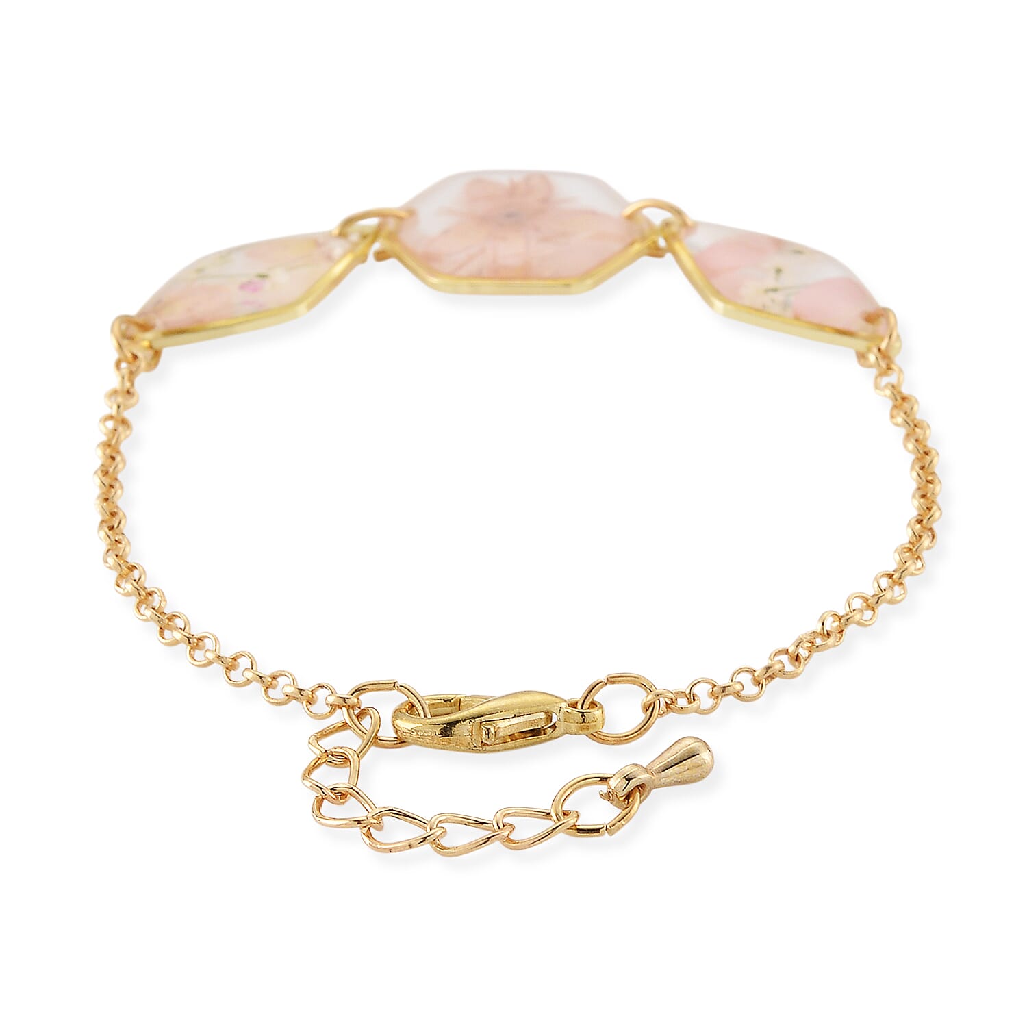 Resin Bracelet with Dry Flowers Filled Hexagon Shaped Charms in Goldtone (7.5-8.5In)