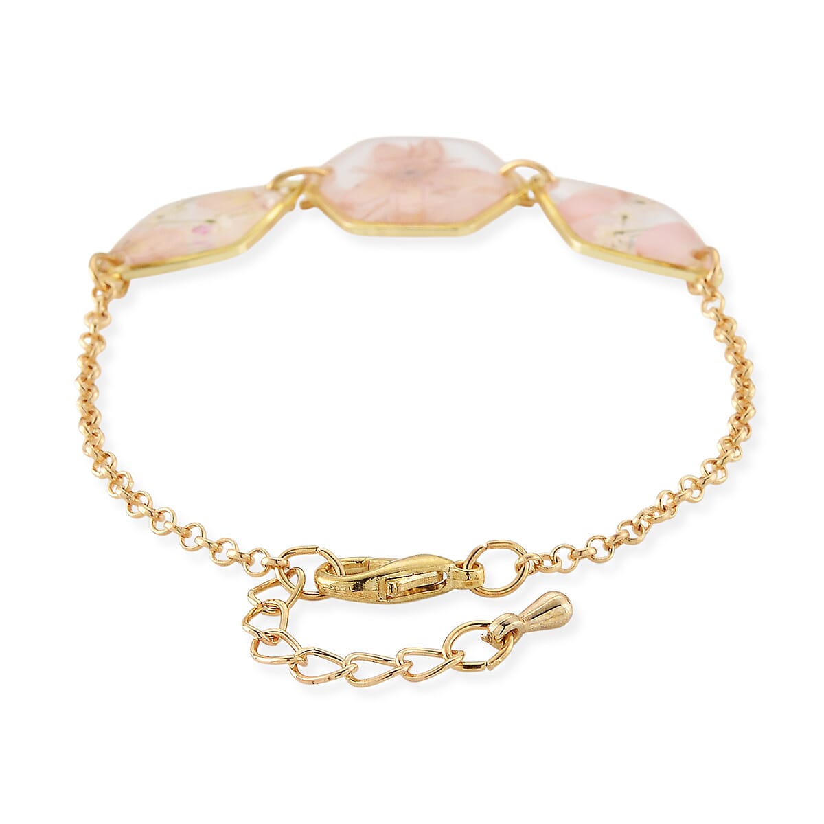 Resin Bracelet with Dry Flowers Filled Hexagon Shaped Charms in Goldtone (7.5-8.5In) image number 3