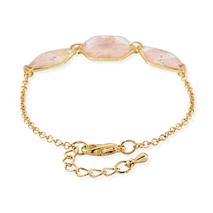 Resin Bracelet with Dry Flowers Filled Hexagon Shaped Charms in Goldtone (7.5-8.5In)
