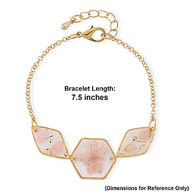 Resin Bracelet with Dry Flowers Filled Hexagon Shaped Charms in Goldtone (7.5-8.5In)