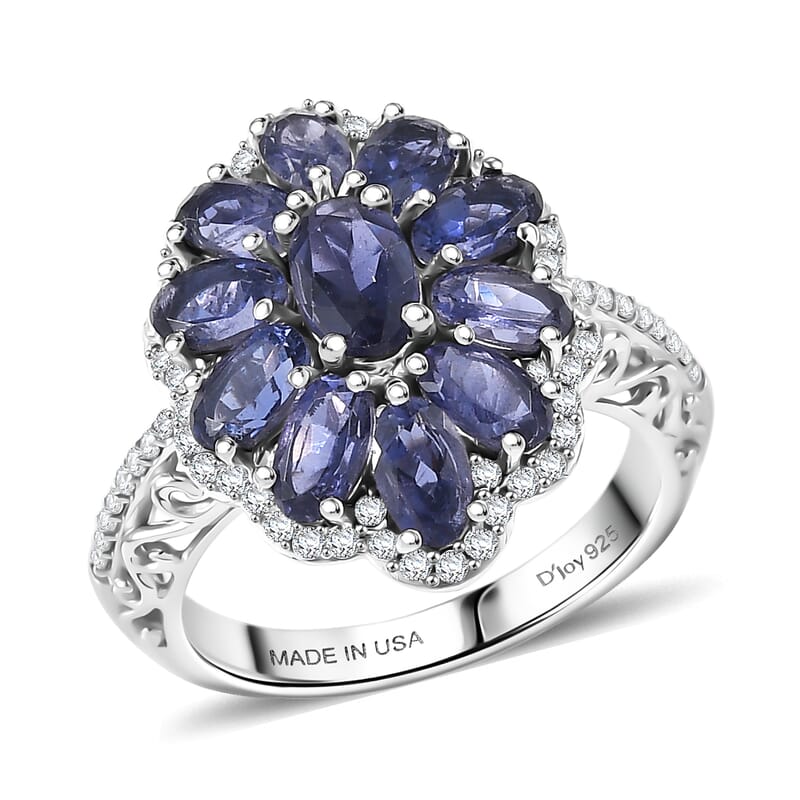 D'Joy Premium Catalina Iolite and Moissanite 3.20 ctw Floral Ring in Rhodium Over Sterling Silver (Size 6.0)
