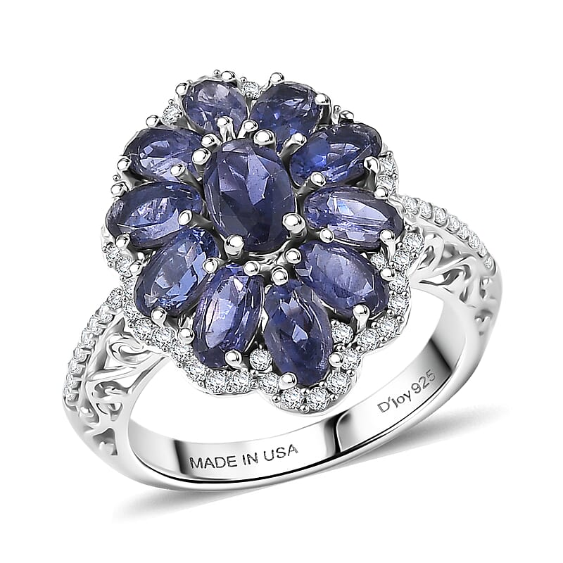 D'Joy Premium Catalina Iolite and Moissanite 3.20 ctw Floral Ring in Rhodium Over Sterling Silver (Size 6.0)