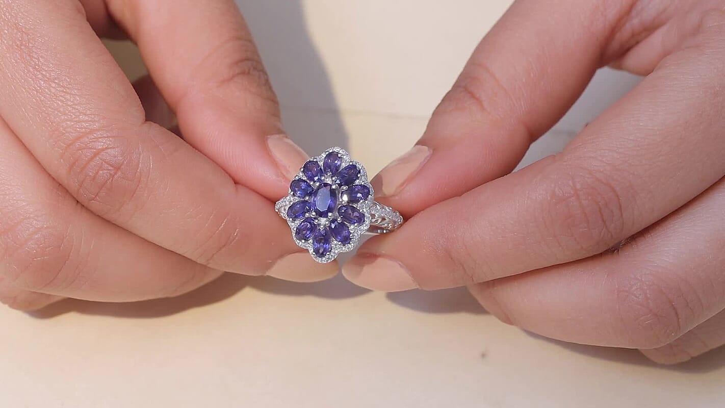 D'Joy Premium Catalina Iolite, Moissanite Floral Ring in Rhodium Over Sterling Silver (Size 10.0) 3.20 ctw