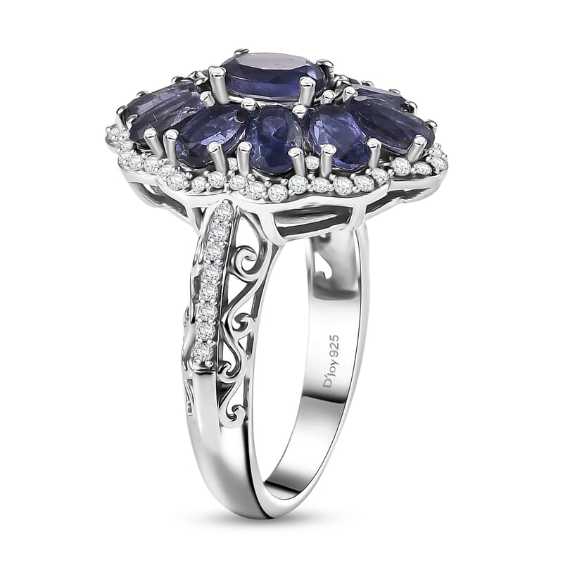 D'Joy Premium Catalina Iolite and Moissanite 3.20 ctw Floral Ring in Rhodium Over Sterling Silver (Size 6.0)