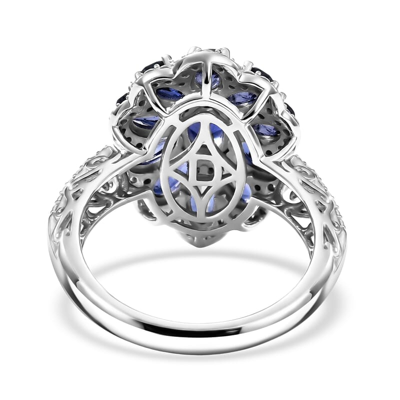 D'Joy Premium Catalina Iolite and Moissanite 3.20 ctw Floral Ring in Rhodium Over Sterling Silver (Size 6.0)