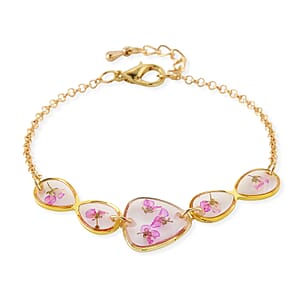 Resin Bracelet with Dry Flowers Filled Triangle Shaped Charms in Goldtone (7.5-8.5In)