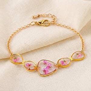 Resin Bracelet with Dry Flowers Filled Triangle Shaped Charms in Goldtone (7.5-8.5In)