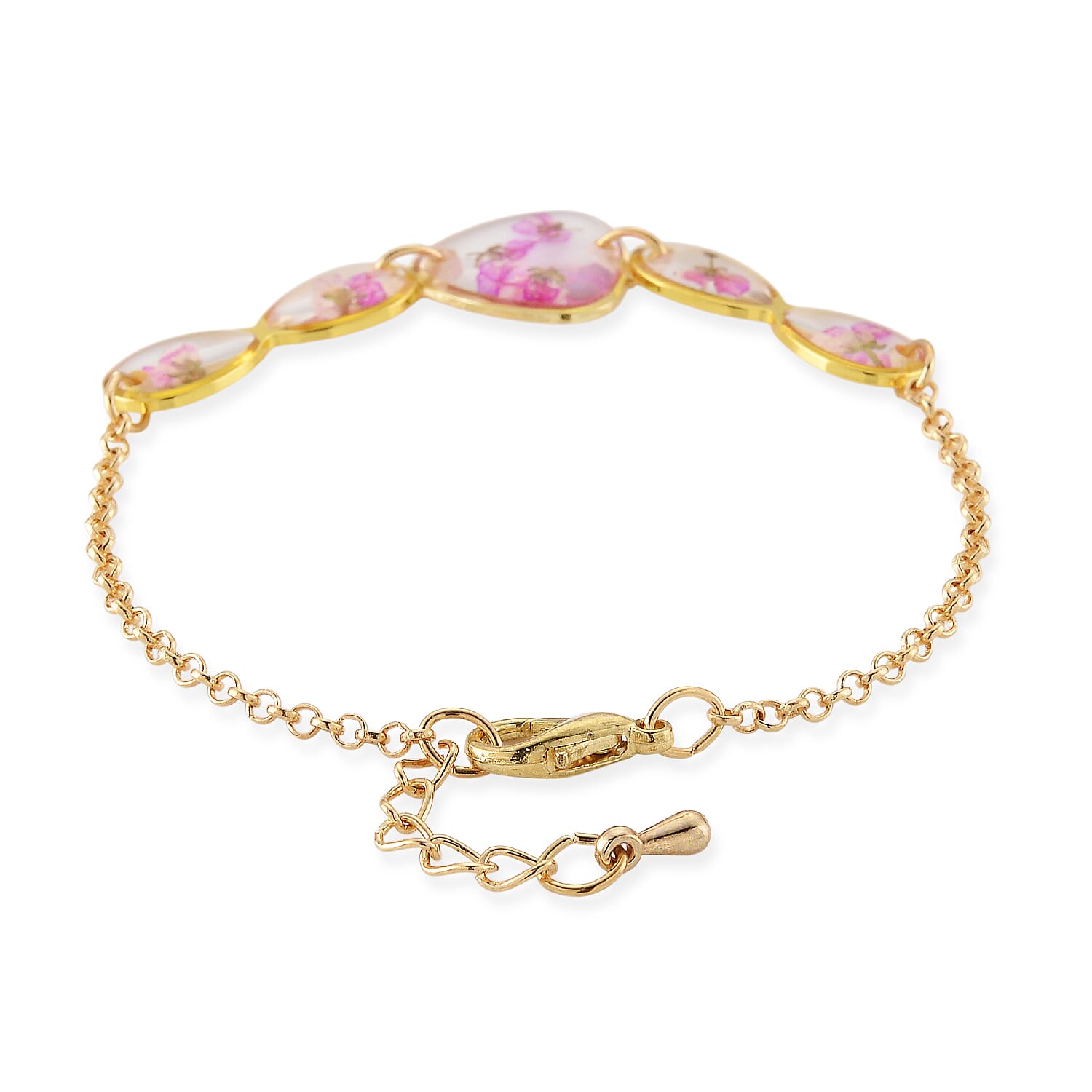 Resin Bracelet with Dry Flowers Filled Triangle Shaped Charms in Goldtone (7.5-8.5In)