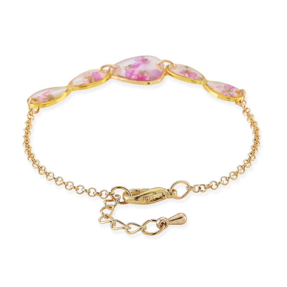 Resin Bracelet with Dry Flowers Filled Triangle Shaped Charms in Goldtone (7.5-8.5In) image number 3
