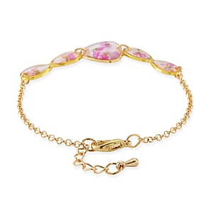 Resin Bracelet with Dry Flowers Filled Triangle Shaped Charms in Goldtone (7.5-8.5In)