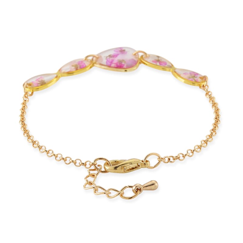 Resin Bracelet with Dry Flowers Filled Triangle Shaped Charms in Goldtone (7.5-8.5In)