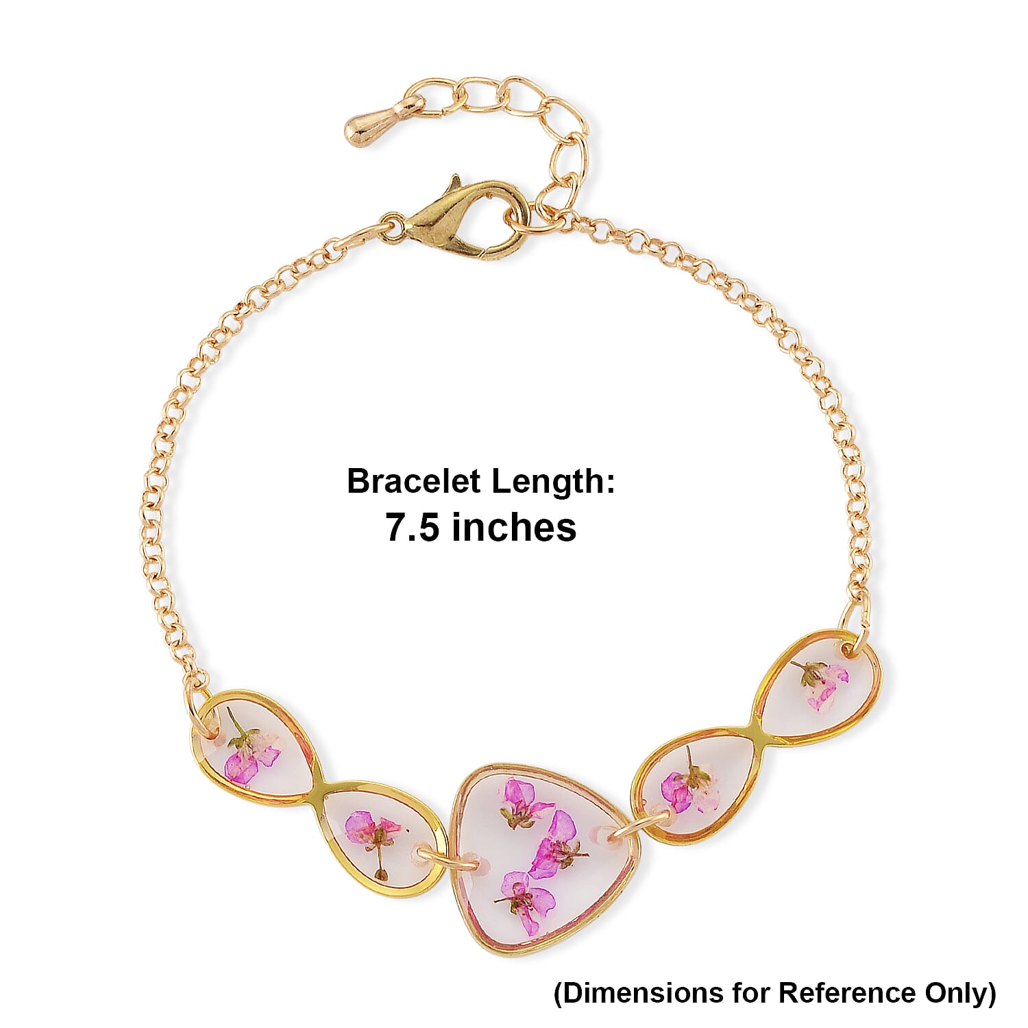 Resin Bracelet with Dry Flowers Filled Triangle Shaped Charms in Goldtone (7.5-8.5In)