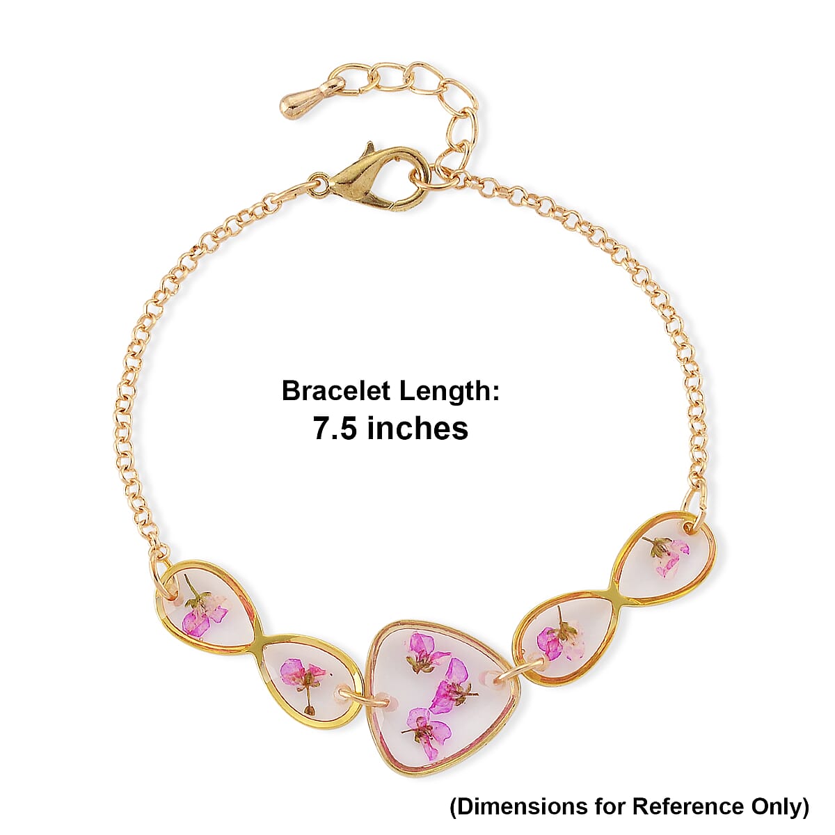 Resin Bracelet with Dry Flowers Filled Triangle Shaped Charms in Goldtone (7.5-8.5In) image number 5