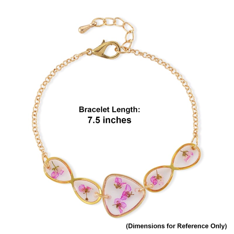 Resin Bracelet with Dry Flowers Filled Triangle Shaped Charms in Goldtone (7.5-8.5In)