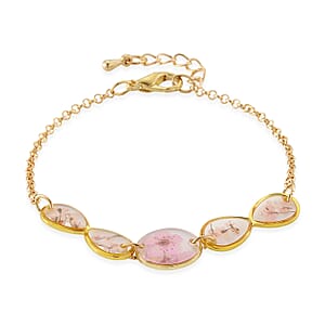 Resin Bracelet with Dry Flowers Filled Round Shaped Charms in Goldtone (7.5-8.5In)