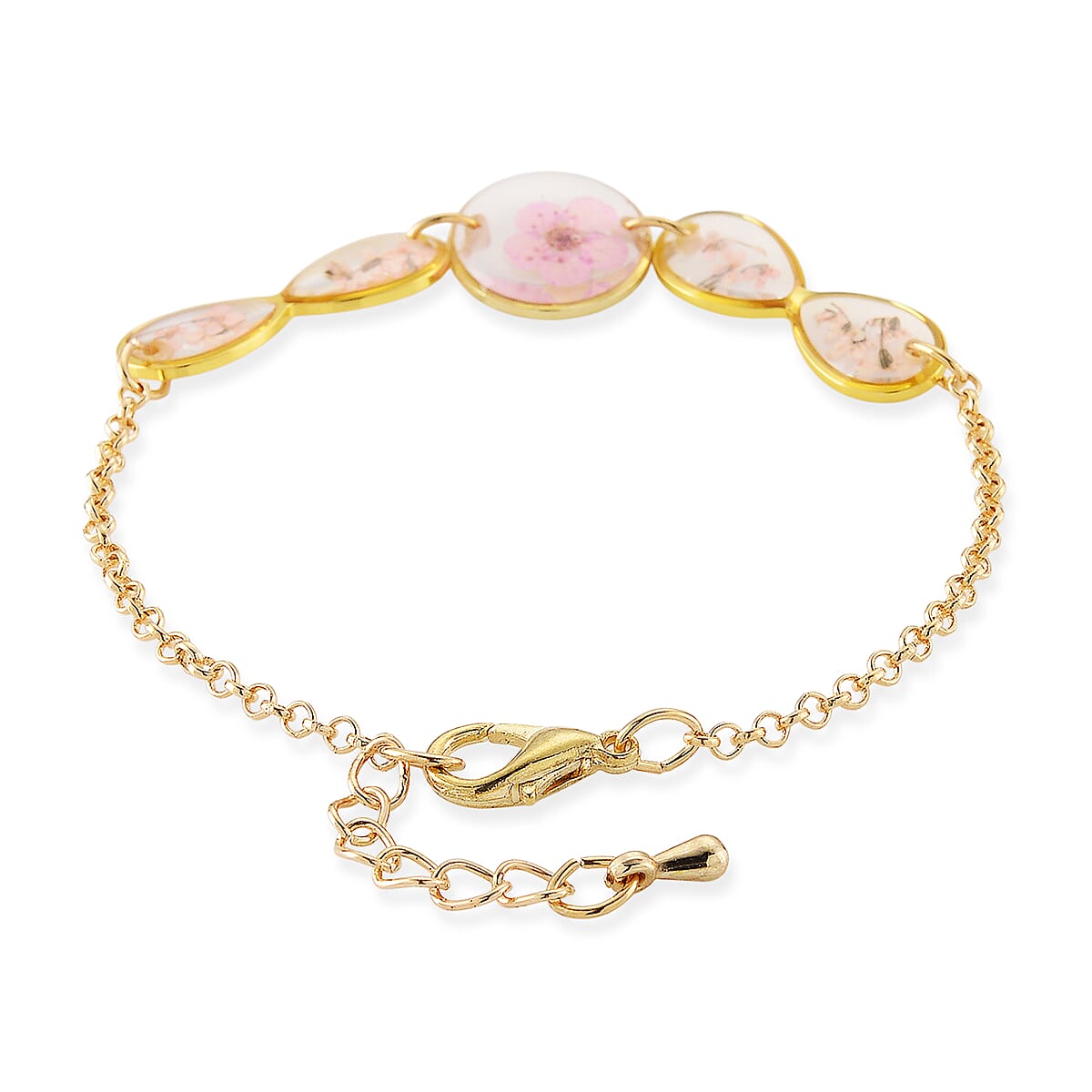 Resin Bracelet with Dry Flowers Filled Round Shaped Charms in Goldtone (7.5-8.5In) image number 3