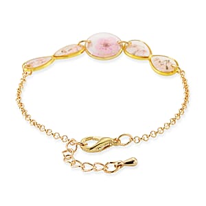 Resin Bracelet with Dry Flowers Filled Round Shaped Charms in Goldtone (7.5-8.5In)