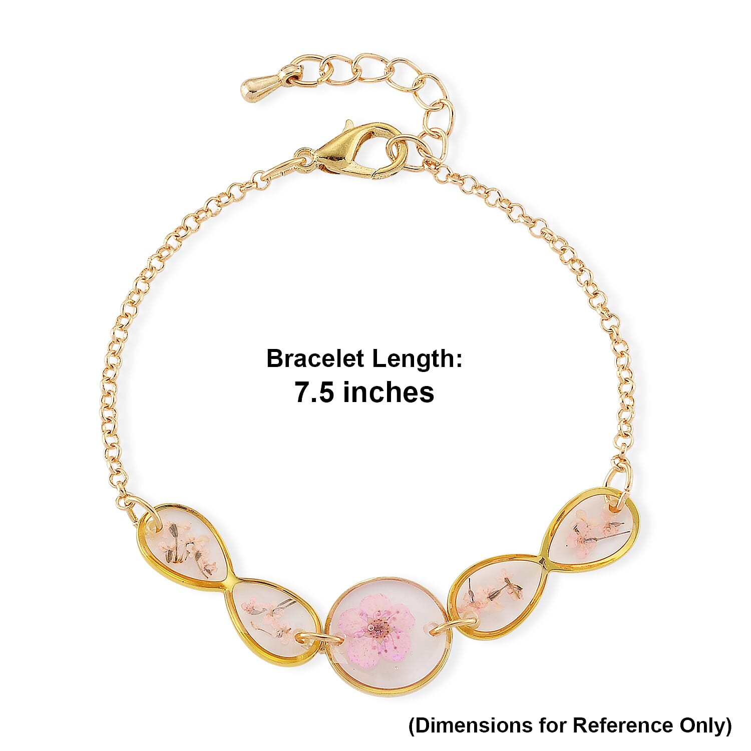 Resin Bracelet with Dry Flowers Filled Round Shaped Charms in Goldtone (7.5-8.5In)