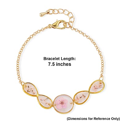 Resin Bracelet with Dry Flowers Filled Round Shaped Charms in Goldtone (7.5-8.5In)