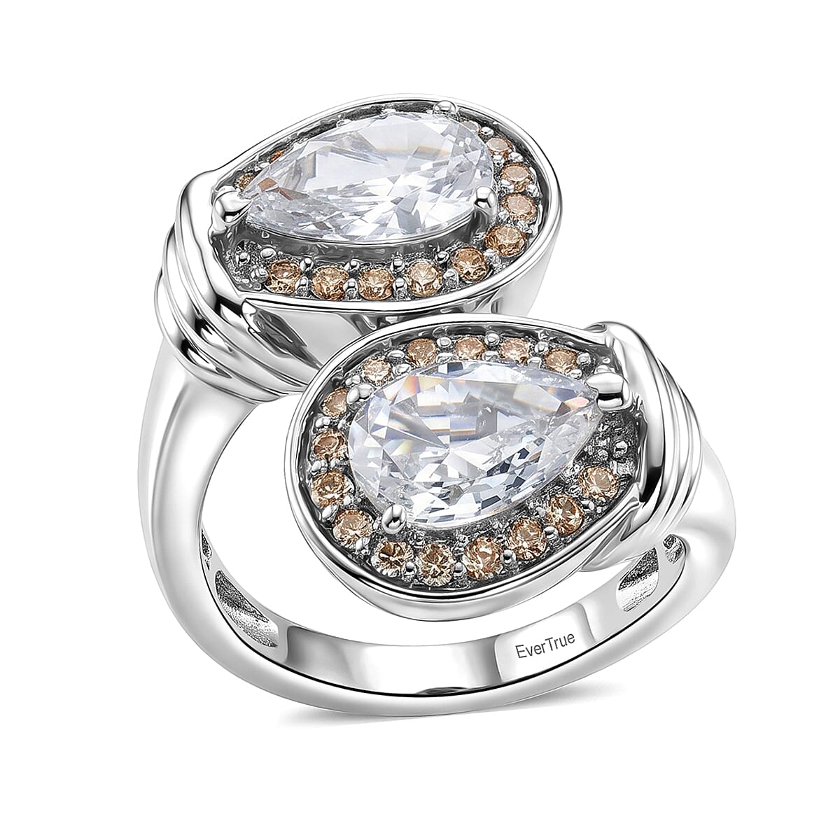 EverTrue Simulated White and Champagne Diamond Bypass Ring in Platinum Bond