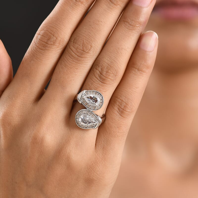 EverTrue Simulated White and Champagne Diamond Bypass Ring in Platinum Bond (Size 6.0)