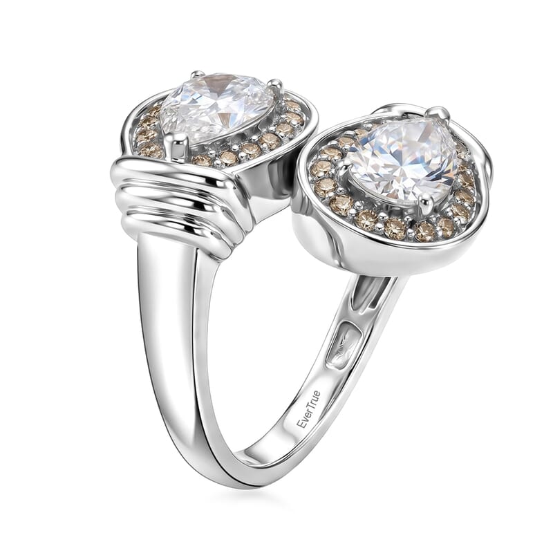 EverTrue Simulated White and Champagne Diamond Bypass Ring in Platinum Bond (Size 6.0)