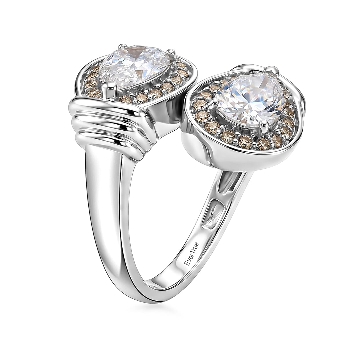 EverTrue Simulated White and Champagne Diamond Bypass Ring in Platinum Bond (Size 7.0)