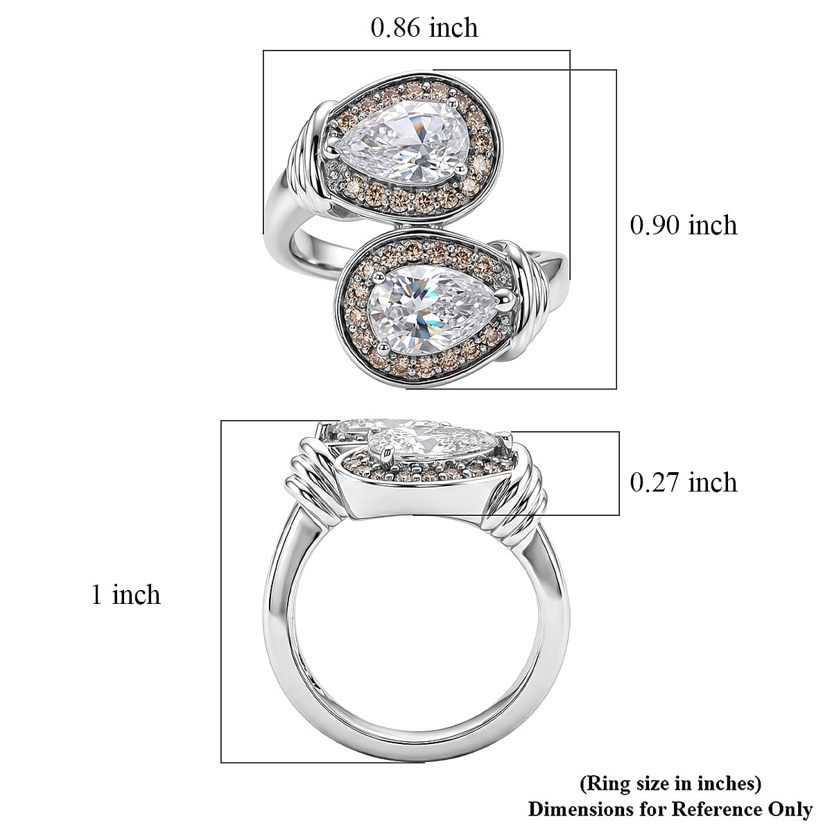 EverTrue Simulated White and Champagne Diamond Bypass Ring in Platinum Bond (Size 7.0)