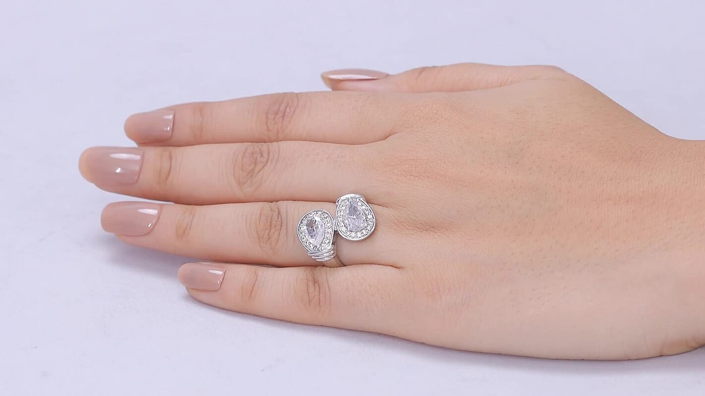 EverTrue Simulated White and Champagne Diamond Bypass Ring in Platinum Bond