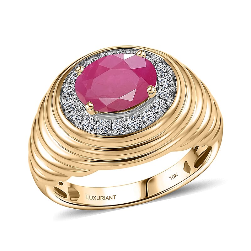 Certified & Appraised AAA Montepuez Ruby and Luxuriant Lab Grown Diamond G-H SI 3.20 ctw Men's Ring in 10K Yellow Gold (Size 10.0) 6.50 Grams