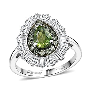 D'Joy Premium Green Sapphire and Moissanite 1.75 ctw Green Fire Drop Ring in Rhodium Over Sterling Silver (Size 7.0)